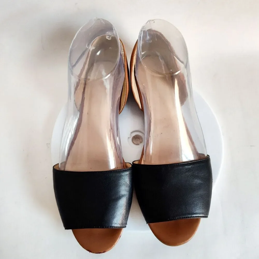 Nine West Tan Black Faux Leather Open Toe Slip On D'Orsay Flats Size 8M‎ Vegan